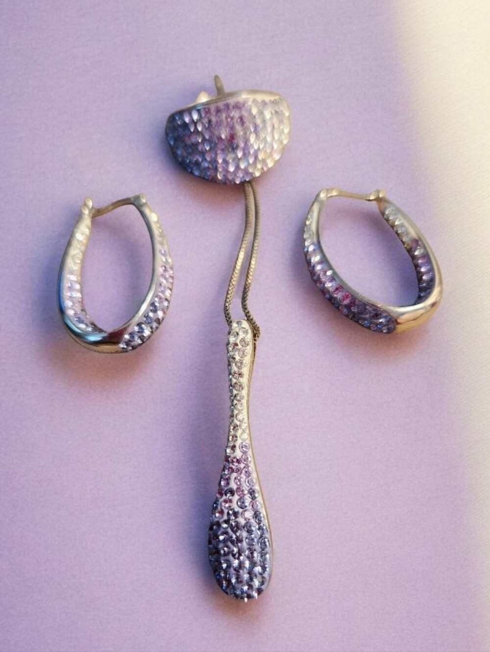 Silver-Tone Purple Crystal Drop Necklace & Hoop Earring Set+Ring■EUC No Offers